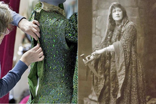 Right: The gown during restoration. Left: Ellen Terry as Lady Macbeth.