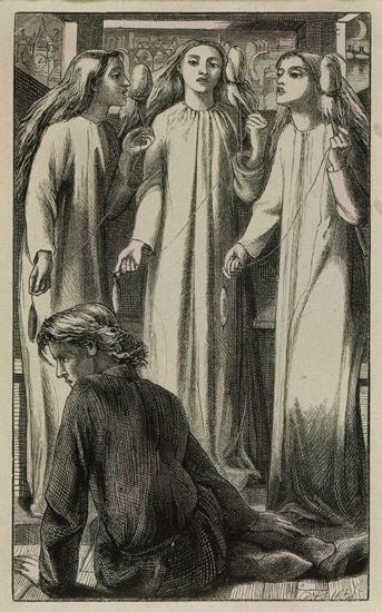 Dante Gabriel Rossetti's illustration for The Maids of Elfin-Mere, a supernatural ballad by William Allingham.