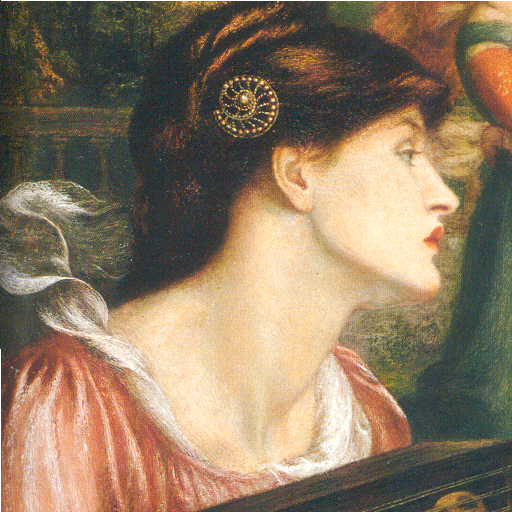 Scarf seen in this detail from 'The Bower Meadow'. Also, note Rossetti's oft-used spiral hair pin.