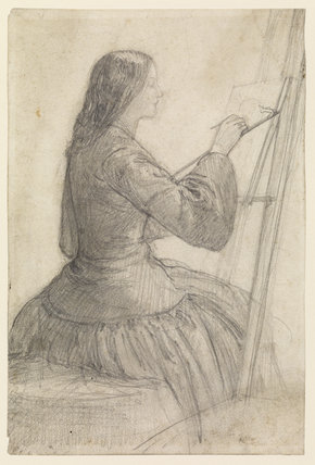 Artist Elizabeth Siddal at her easel, drawn by Dante Gabriel Rossetti