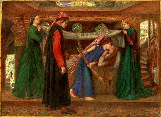 'Dante's Dream at the Time of the Death of Beatrice': Margaret Hannay appears as Beatrice on her deathbed.  Models Annie Miller and Miss Lazenby are Beatrice's attendants. Dante is clad in black and red, the figure of 'Love' kisses Beatrice.