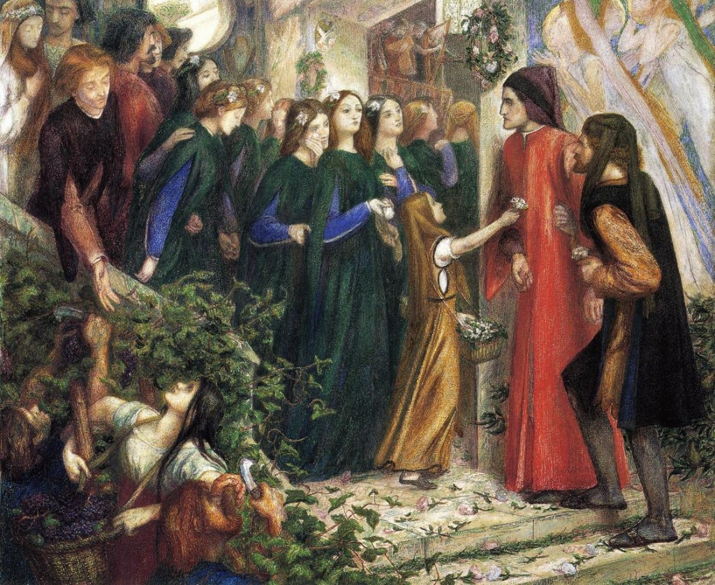 'Beatrice meeting Dante at a marriage feast, denies him her salutation', Dante Gabriel Rossetti, 1855. Model, Elizabeth Siddal