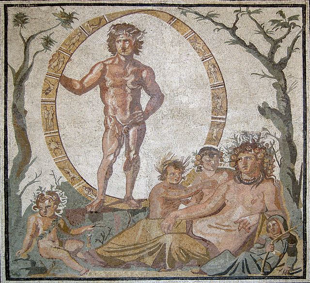 Gaia with her four children (the four seasons). The god Aion is seen in the background. (Mosaic tile from a Roman villa in Sentinum, first half of the third century BC,)