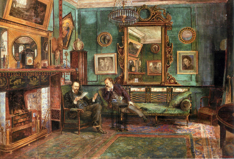 'D.G. Rossetti and Theodore Watts-Dunton in the sitting room at Cheyne Walk.  Watercolour by Henry Treffry Dunn