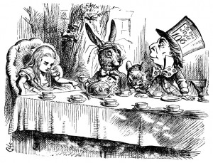 The dormouse, seated between the Mad Hatter and the March hare. 