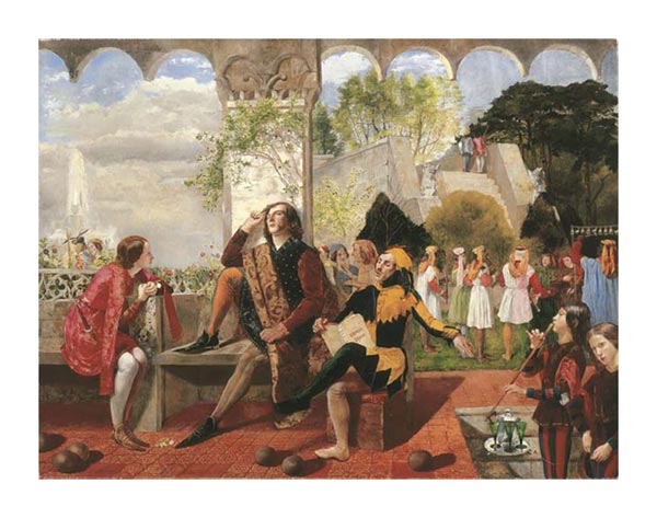 Twelfth Night, Walter Howell Deverell. Lizzie on the left. Dante Gabriel Rossetti posed as the jester on the right.