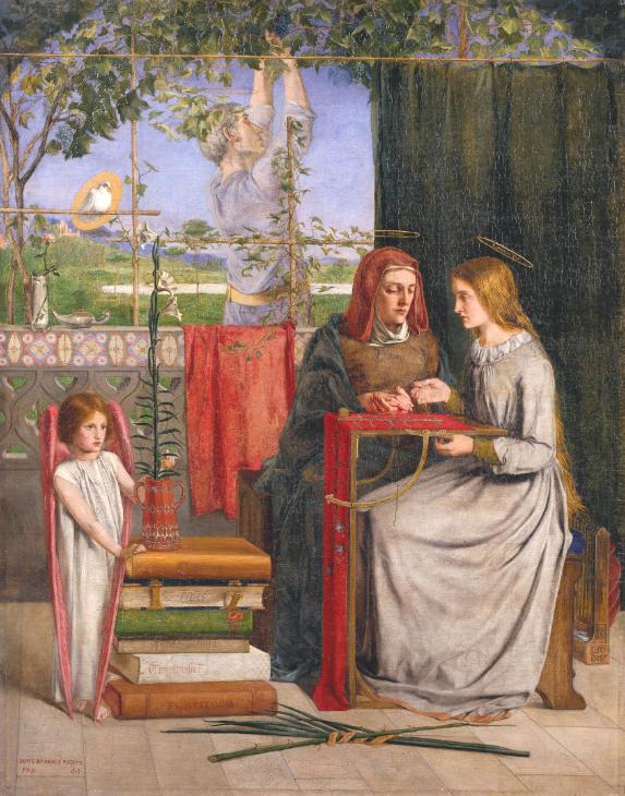 'The Girlhood of Mary Virgin', Dante Gabriel Rossetti. The dove sits on a lattice. Rossetti's sister Christina posed for Mary; their mother Frances posed for Mary's mother.