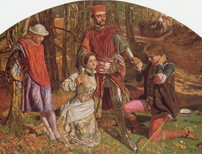 'Valentine Rescuing Sylvia from Proteus', William Holman Hunt. Hunt repainted Lizzie's face, so the image now is not as it first appeared. 