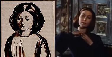 Sketch of Elizabeth Siddal by Dante Gabriel Rossetti on the left, Valerie Hobson as Blanche Fury on the right.