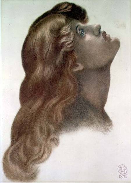 Model: May Morris. AMO101434 Study for the head of the left-hand figure from 'Astarte Syriaca', 1875 (coloured chalks on paper) (see 62973) by Rossetti, Dante Charles Gabriel (1828-82) coloured chalks on paper 50x35.5 © Ashmolean Museum, University of Oxford, UK English, out of copyright